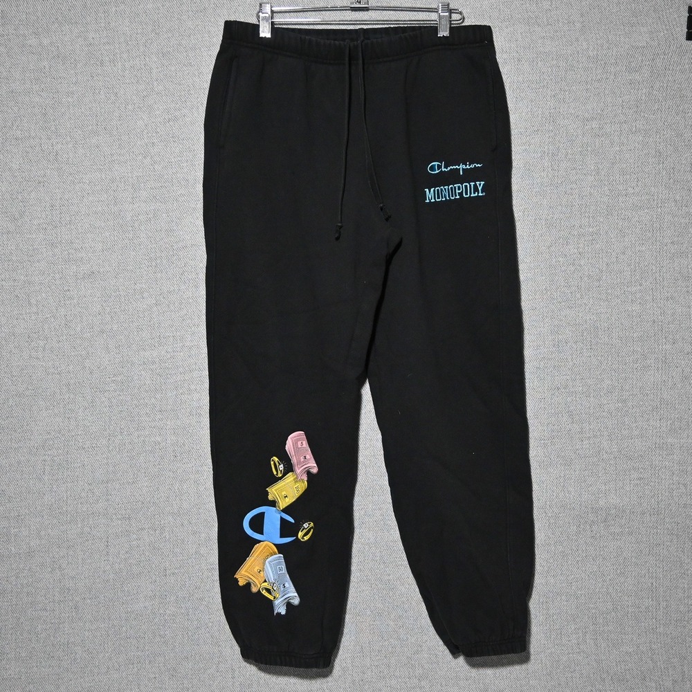 Champion Monopoly Sweatpants Mens Reverse Weave Graphic Joggers Large Black